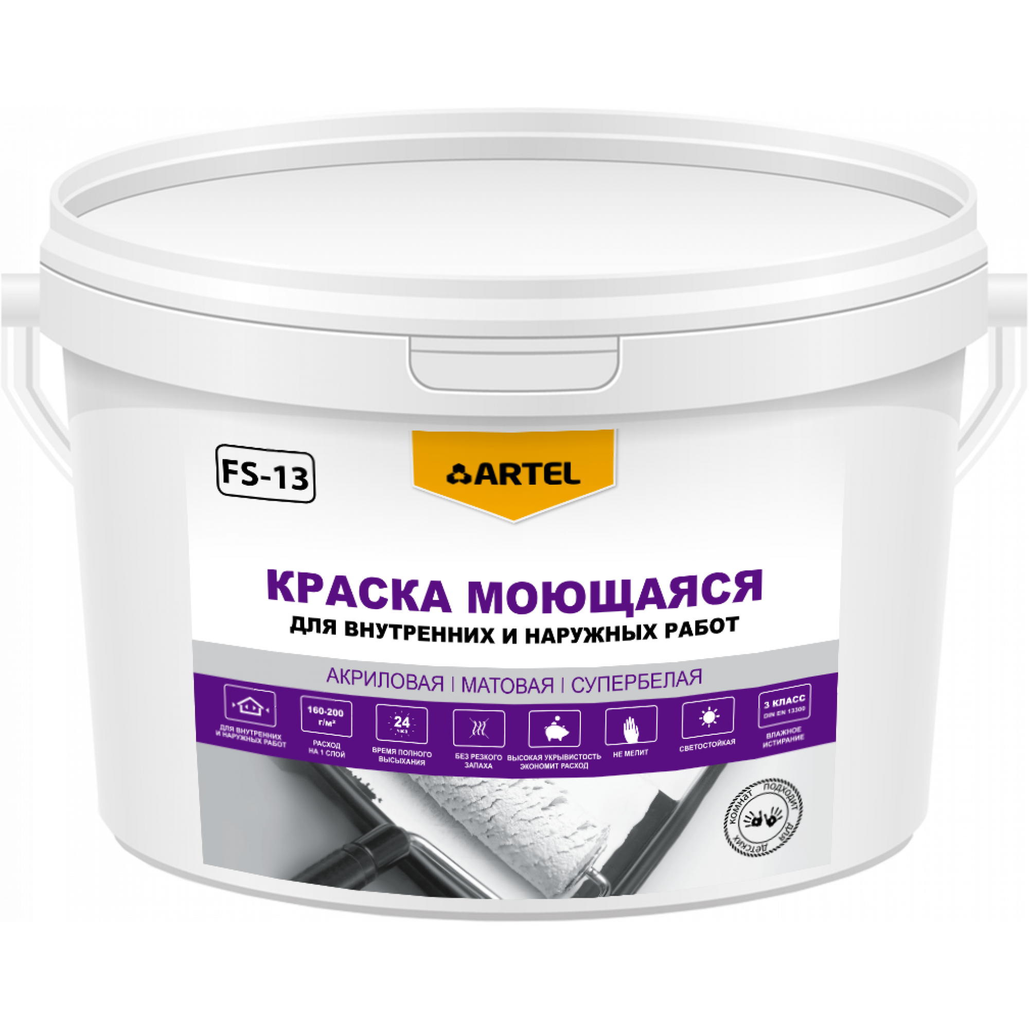 Краска ВД-АК для внутренних и наружных работ “моющаяся” супер белая ARTEL FS-13 14 кг